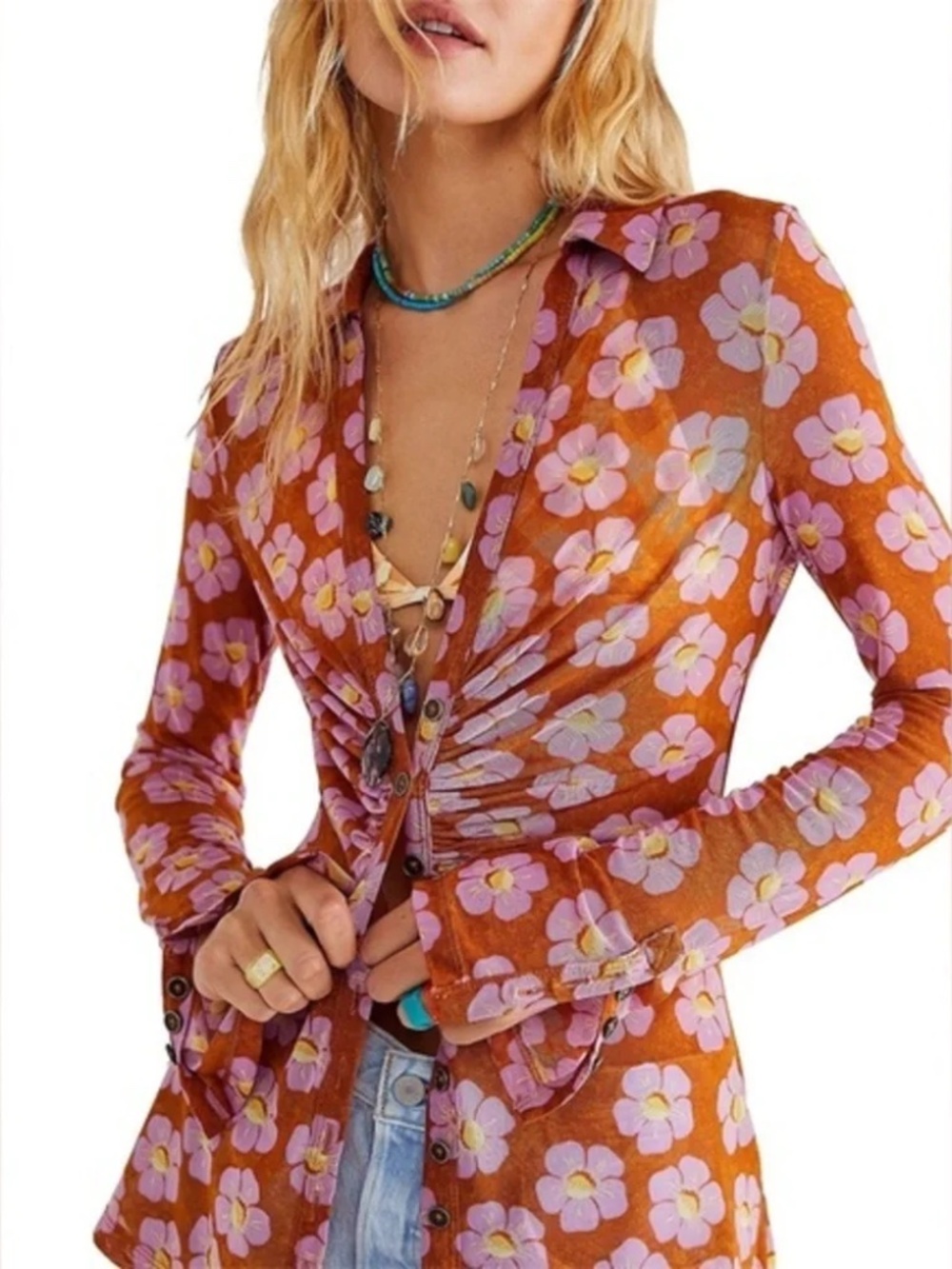 Free‎ People Lucky Shirtee brown and pink poppy floral print size Medium